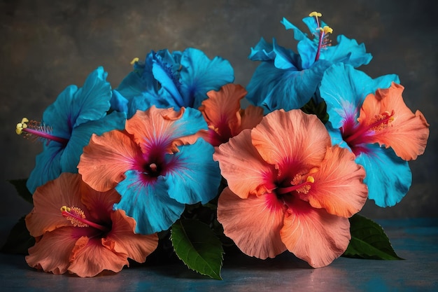 Photo des fleurs d'hibiscus bleues et orange vibrantes