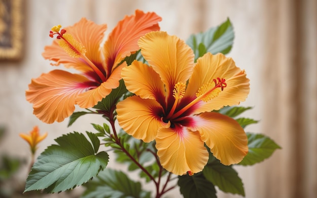 Fleurs d'hibiscus orange et jaune sur fond flou