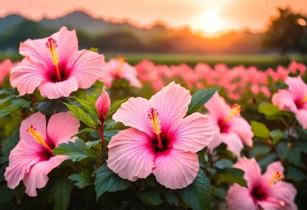 des fleurs d'hibiscus roses dans un champ au coucher du soleil