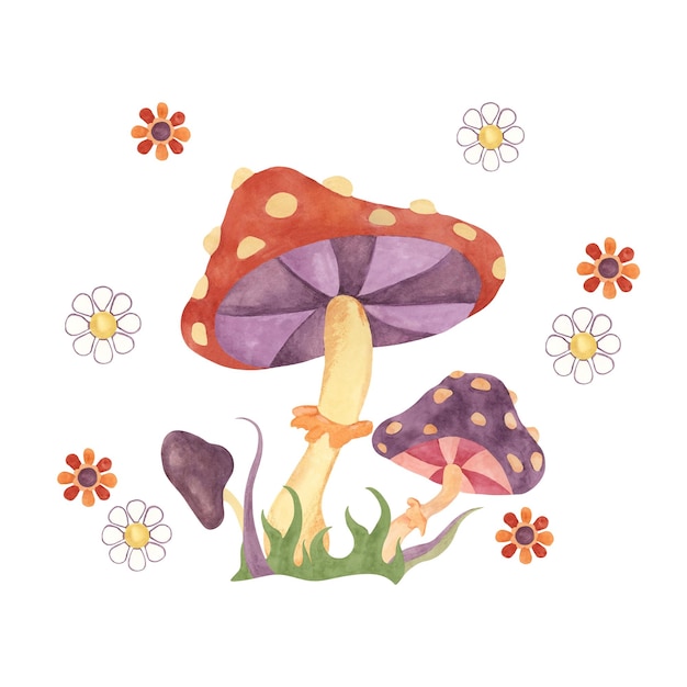 Des fleurs hippie rétro, de l'herbe et des champignons à mouches, des cliparts de champignons hippie psychédéliques.