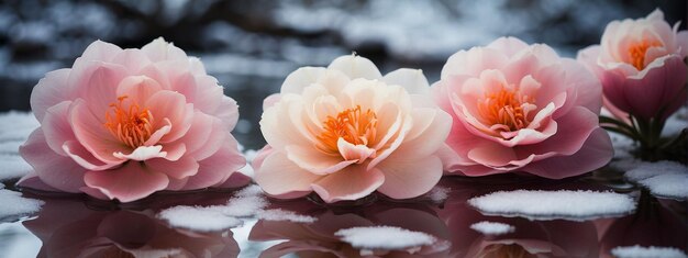 Fleurs d'hiver Photos avec des angles qui capturent à la fois les fleurs gelées et leur reflet en miroir