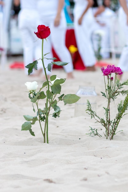 Fleurs en l'honneur d'iemanja, sur le sable de la plage de Copacabana à Rio de Janeiro - Brésil.