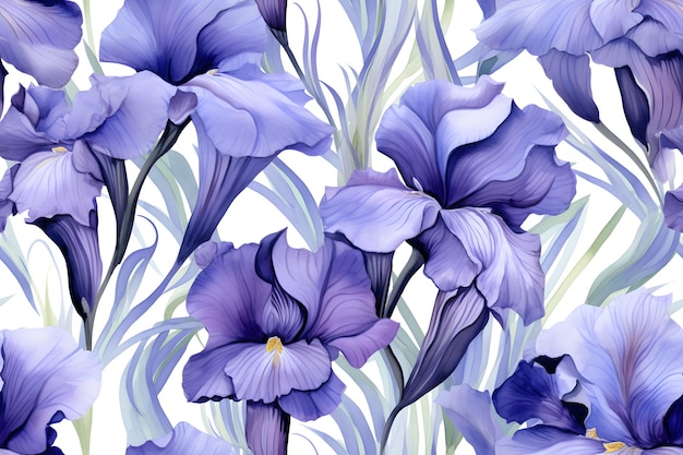 Photo des fleurs d'iris à l'aquarelle à carreaux dessinés à la main avec un motif sans couture créé avec l'ia générative