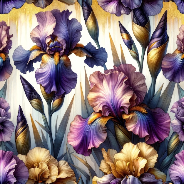 Des fleurs d'iris opulentes en violet et en or