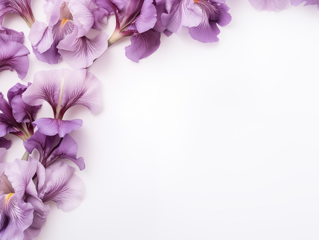 Photo des fleurs d'iris violettes sur le fond blanc, vue supérieure de l'espace de copie