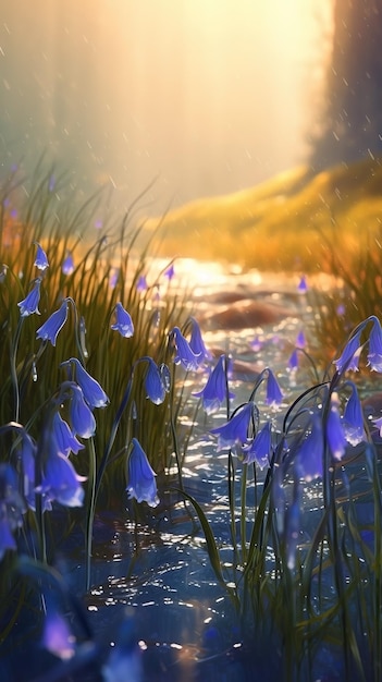 Fleurs de jacinthes des bois en fleurs avec des gouttes d'eau fond agrandi Fond d'écran floral Ai généré