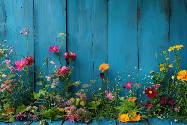 Des fleurs de jardin colorées sur une table en bois bleu avec un espace de copie
