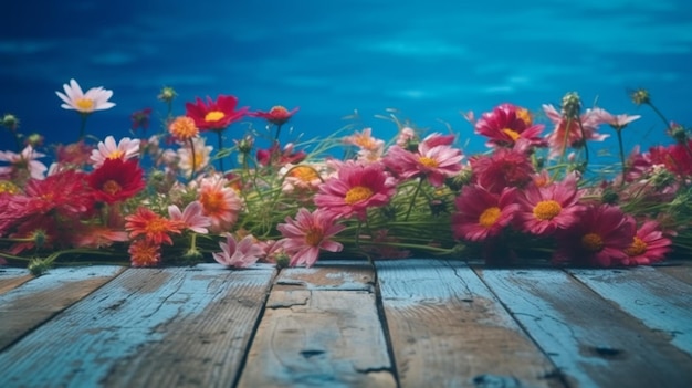 Des fleurs de jardin sur un fond de table en bois bleu tranquille IA générative