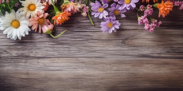 Des fleurs de jardin sur un fond de table en bois