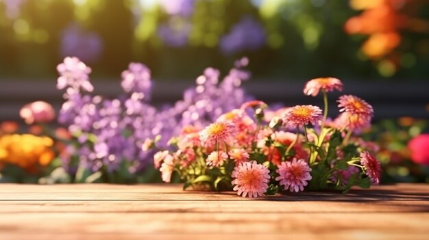 Des fleurs de jardin sur une table en bois.