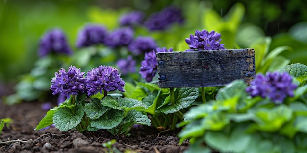 Photo des fleurs de jardin violettes avec un panneau en bois rustique