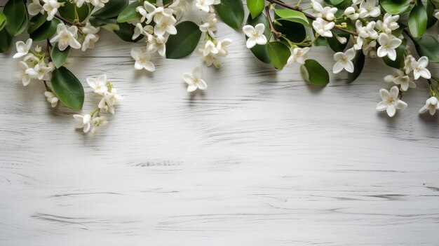 Des fleurs de jasmin blanc sur un fond en bois blanc