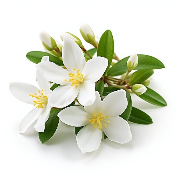 Des fleurs de jasmin blanches avec des feuilles vertes isolées sur un fond blanc