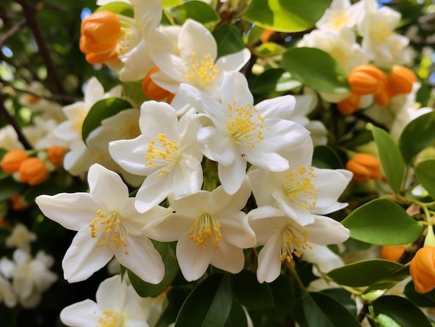 Des fleurs de jasmin avec des feuilles en arrière-plan