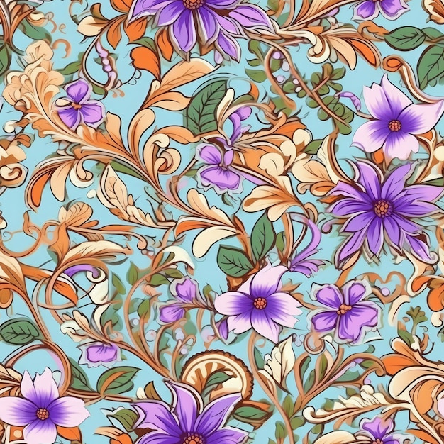 Fleurs de jasmin et motifs paisley entrelacés motif sans couture AI généré