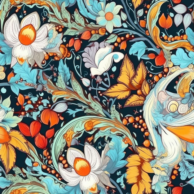 Fleurs de jasmin et motifs paisley entrelacés motif sans couture AI généré