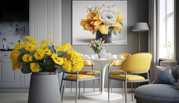 Fleurs jaunes sur le comptoir dans un espace ouvert salon et salle à manger intérieur avec mobilier de salon gris générative ai