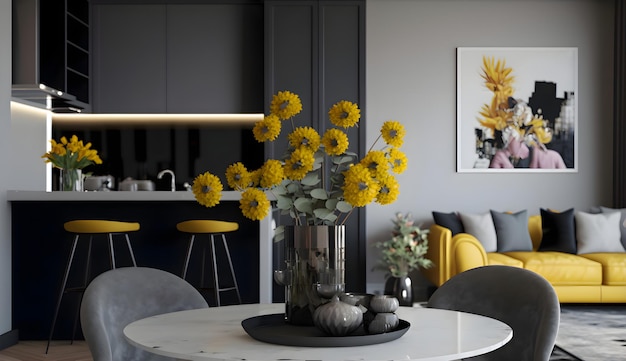 Fleurs jaunes sur le comptoir dans un espace ouvert salon et salle à manger intérieur avec mobilier de salon gris générative ai