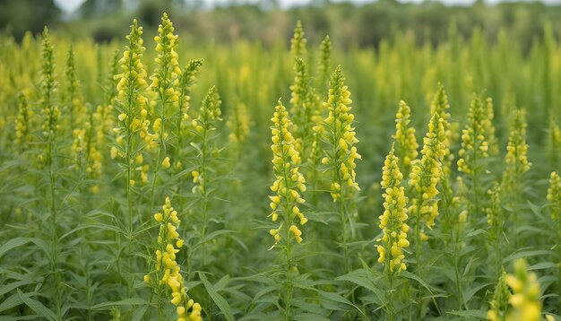 Des fleurs jaunes dans un champ de fleurs jaunâtres.