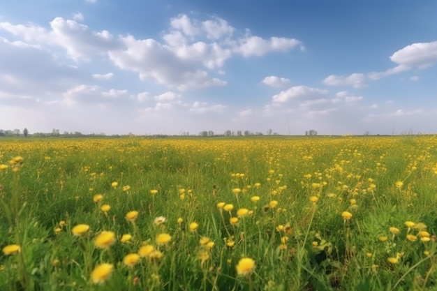 Des fleurs jaunes dans un champ sur un fond bleu