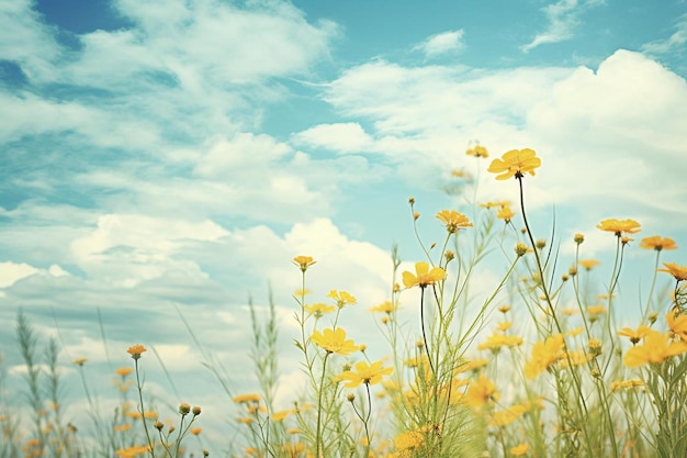 fleurs jaunes dans un champ avec un fond de ciel