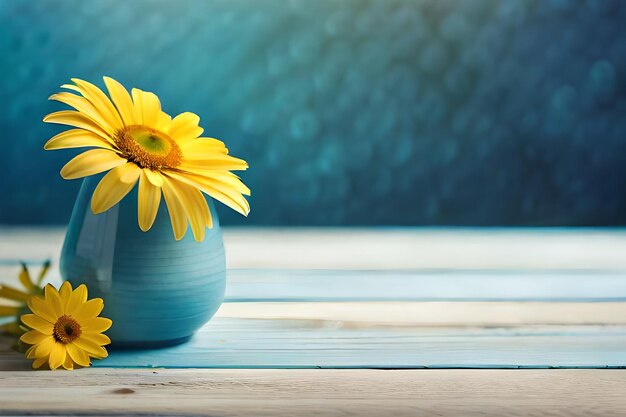 fleurs jaunes dans un vase bleu sur une table