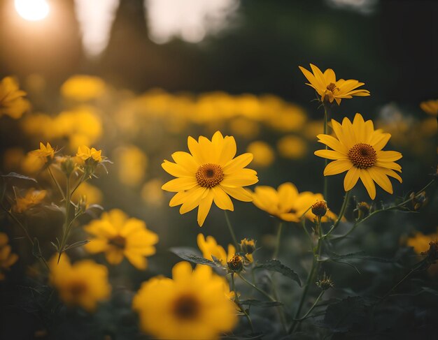 Des fleurs jaunes d'été dans un jardin annuel