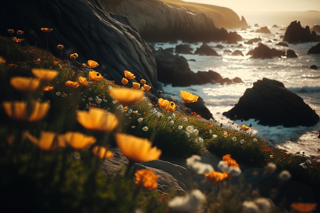 fleurs jaunes fleurissent sur les montagnes au bord de la mer