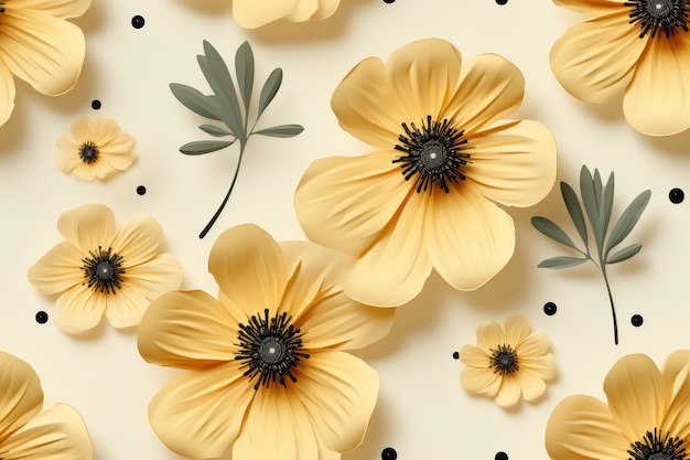 fleurs jaunes sur fond blanc à pois noirs