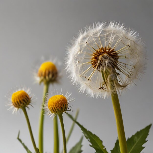 Photo fleurs jaunes fraîches de pissenlit avec une tige et un bourgeon isolés sur une coupe blanche