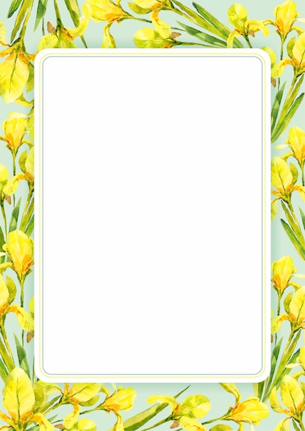 Fleurs jaunes iris aquarelle illustration été fleurs vintage feuilles verts fleur