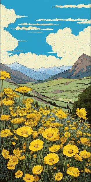 Les fleurs jaunes et les montagnes Une illustration détaillée du désert