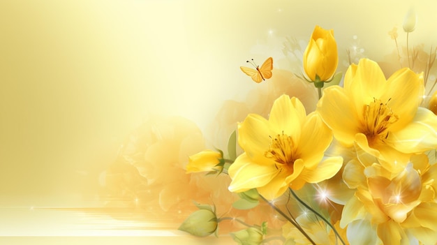 Fleurs jaunes avec des papillons sur fond jaune avec une bordure blanche ai générative