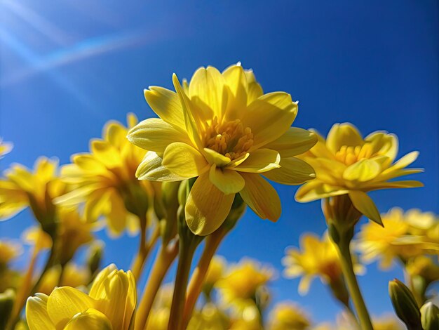 fleurs jaunes de printemps et le ciel bleu pas de nuages vue macro