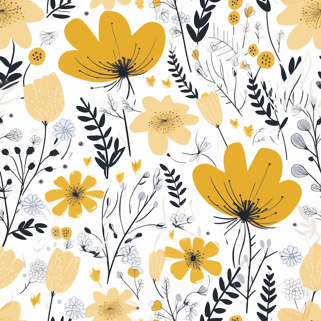 Fleurs jaunes simples et décoratives dessinées à la main dans un motif floral harmonieux de style scandinave Génération AI