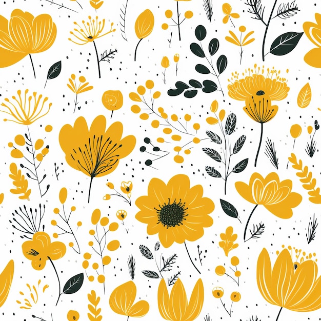 Fleurs jaunes simples et décoratives dessinées à la main dans un motif floral harmonieux de style scandinave Génération AI