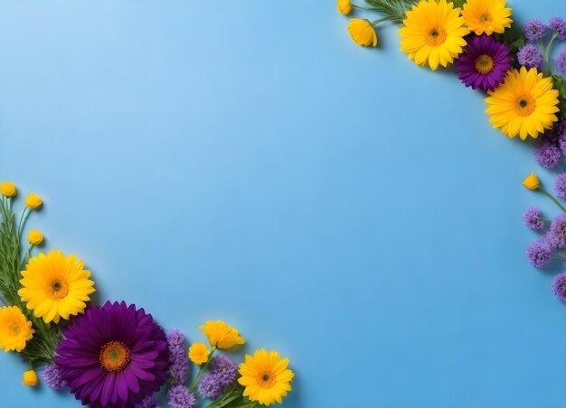 Des fleurs jaunes et violettes disposées dans le coin inférieur gauche sur un fond bleu