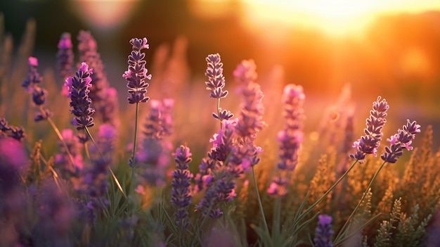 Fleurs de lavande au coucher du soleil