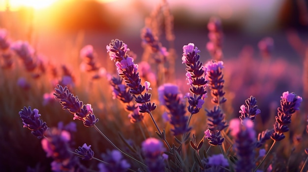 Fleurs de lavande au coucher du soleil