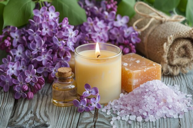 Des fleurs de lavande et une bougie sont sur une table avec du sel.