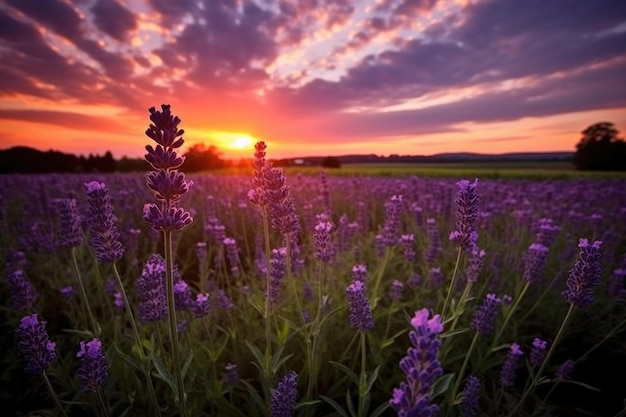 Fleurs de lavande dans un champ au coucher du soleil créé avec ai générative