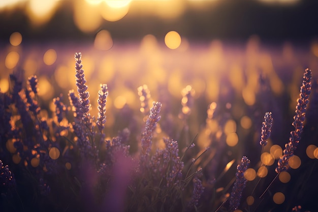 Fleurs de lavande dans un champ avec le soleil qui brille dessus