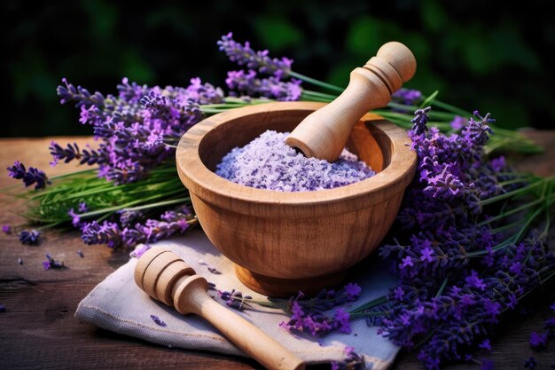 Fleurs de lavande dans un mortier et un pilon pour un soin de beauté