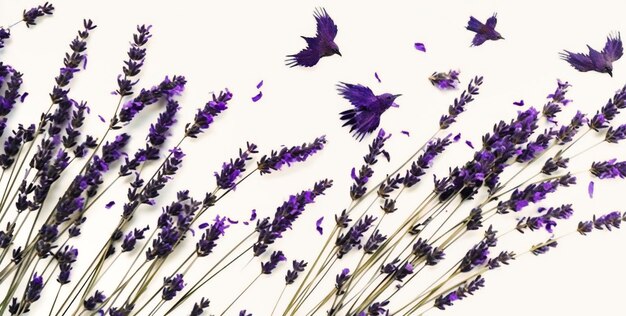 Photo fleurs de lavande disposées sur fond blanc avec vue de dessus