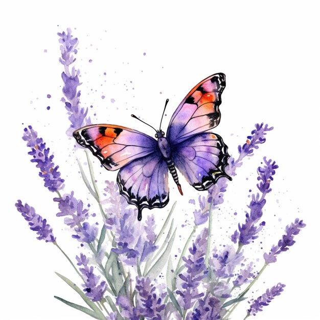 Des fleurs de lavande avec un papillon au-dessus et un fond blanc