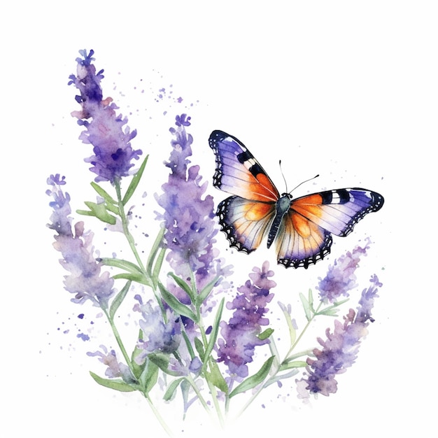 Des fleurs de lavande avec un papillon peint en aquarelle sur un fond blanc