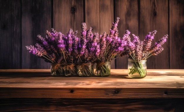 Fleurs de lavande sur une table en bois rayée