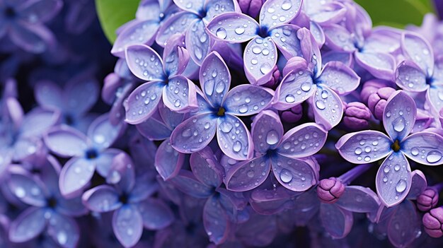 Fleurs lilas bleues en gros plan avec des gouttes d'eau Generative AI