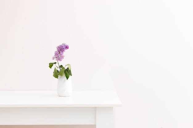 Fleurs lilas dans un vase blanc sur tableau blanc