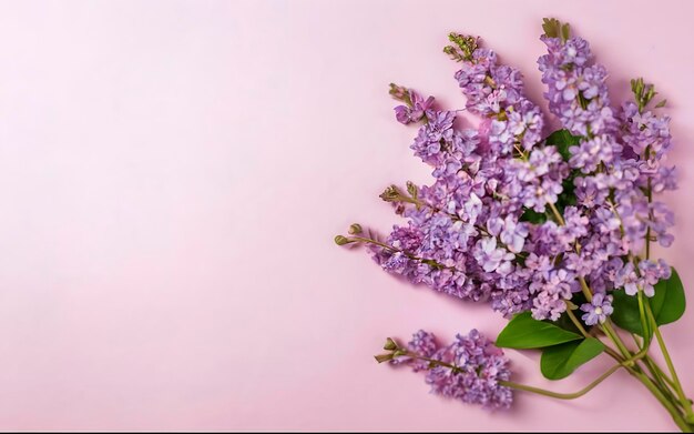 Des fleurs de lilas sur du papier rose, une carte de vœux florale avec de l'espace pour le texte.